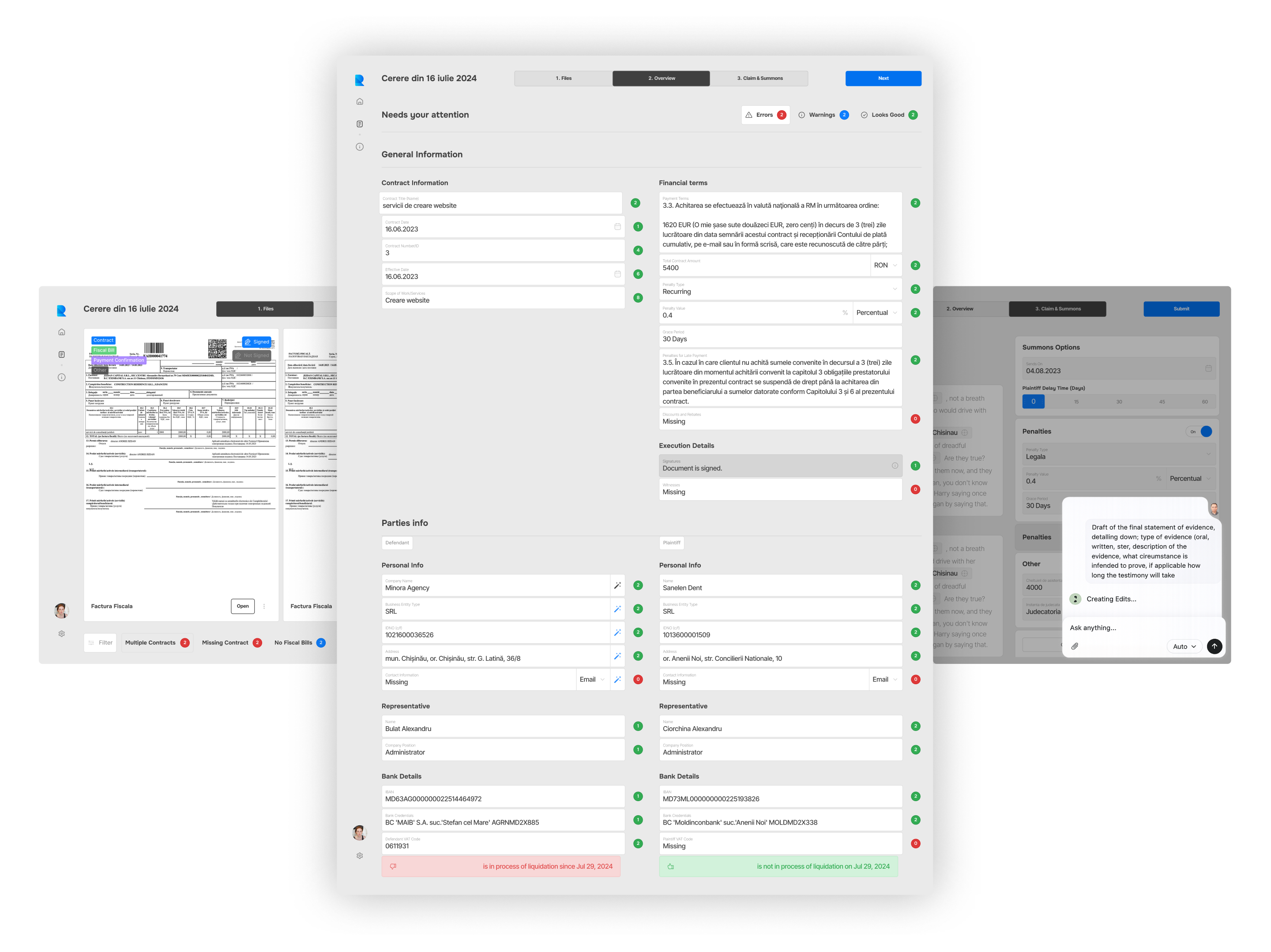 Robolex platform interface showing document upload, validation, and generation workflow